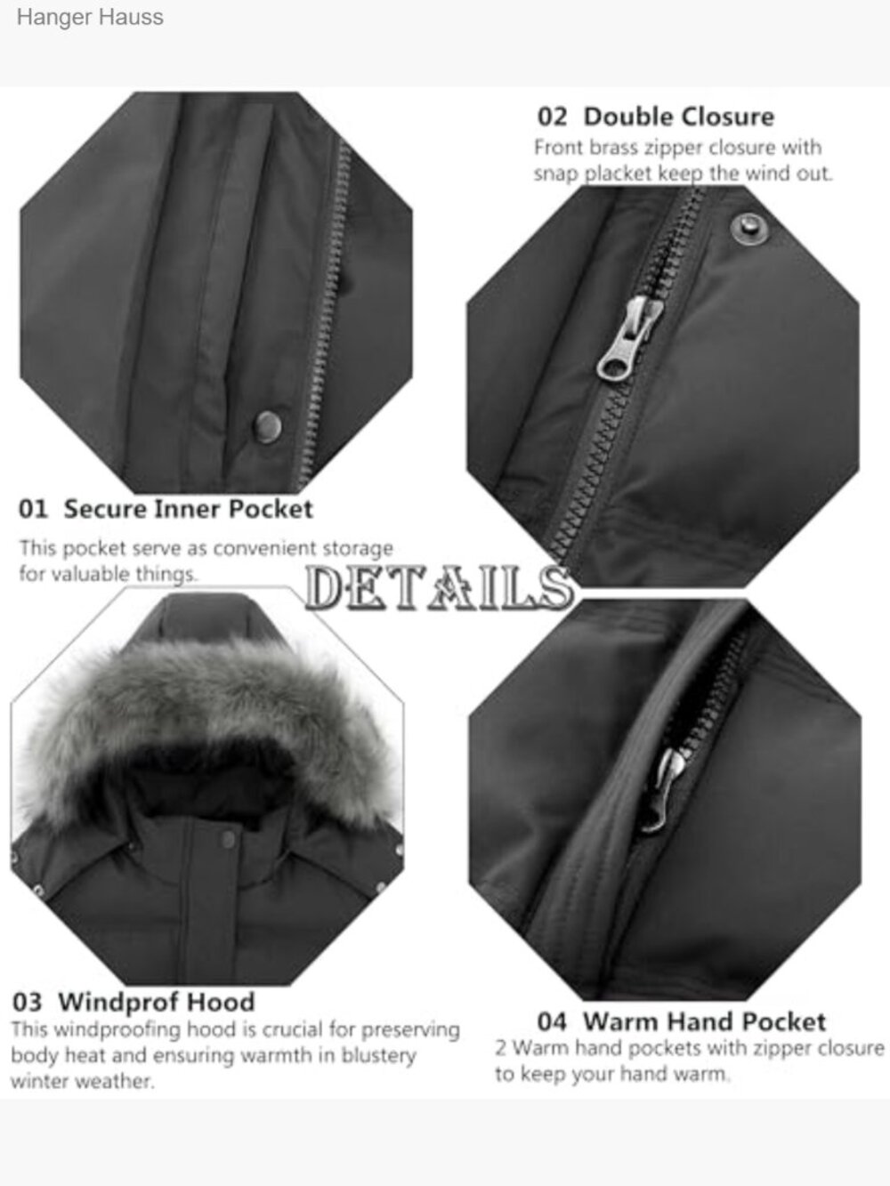 Quilted Puffer Jacket with Removable Fur Hood, Warm Winter Coat Plus Size - Picture 5 of 7